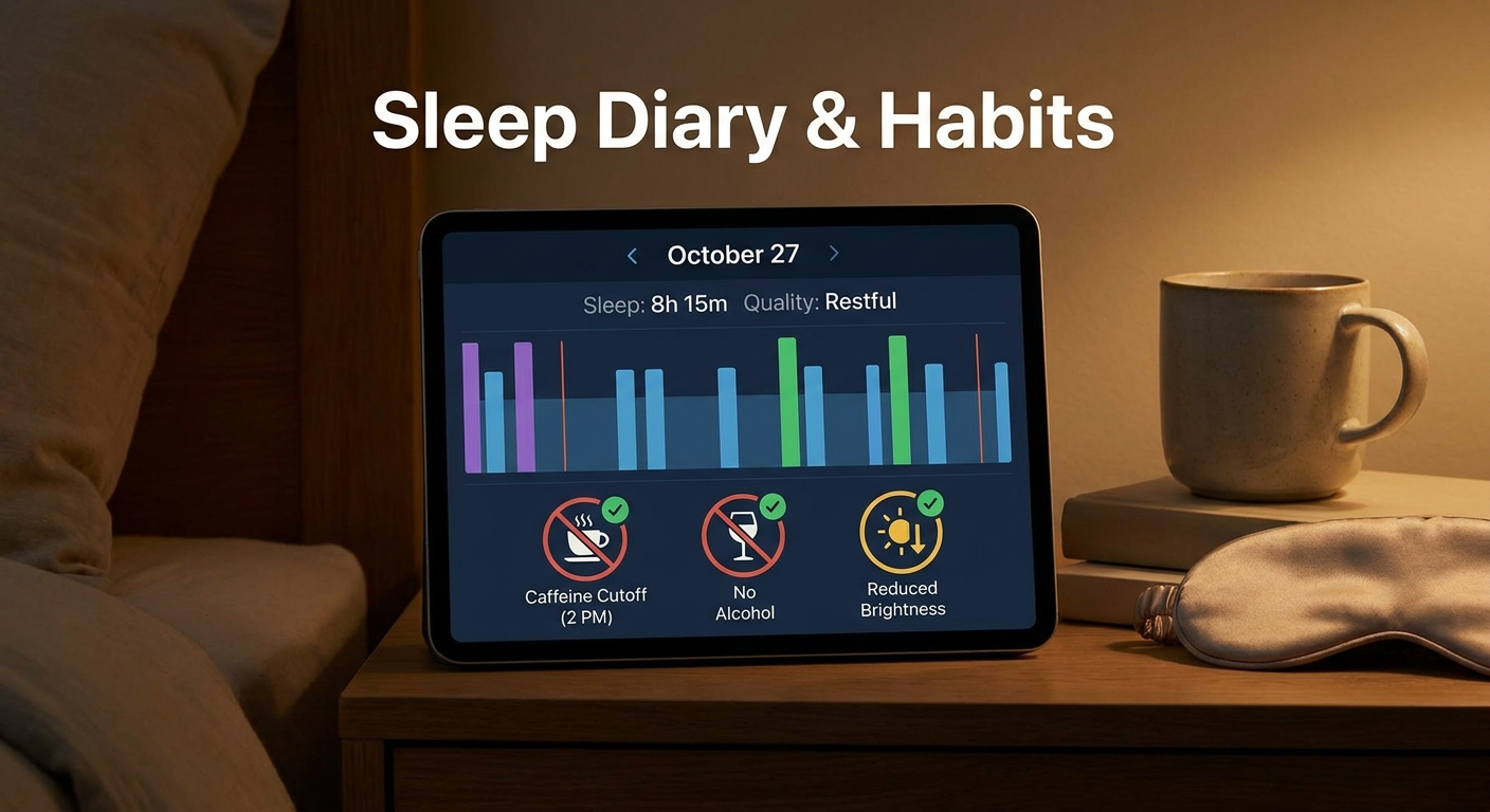 Simple sleep diary and habit icons for caffeine cutoff, no alcohol, reduced screen brightness