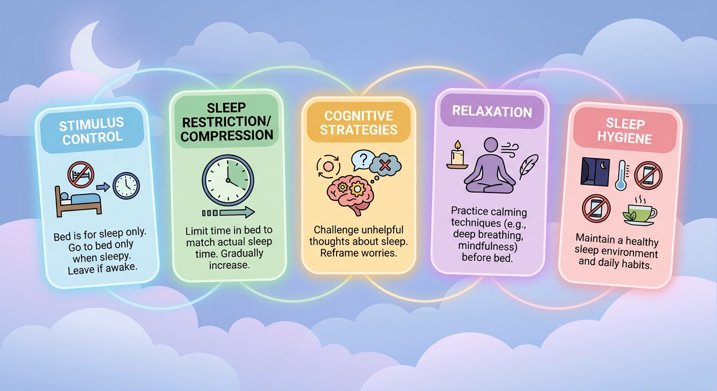 CBT-I toolkit: stimulus control, sleep restriction/compression, cognitive strategies, relaxation, and sleep hygiene