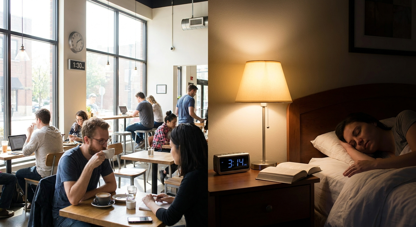 Daytime sunlight vs dim nighttime bedside scene for light and timing