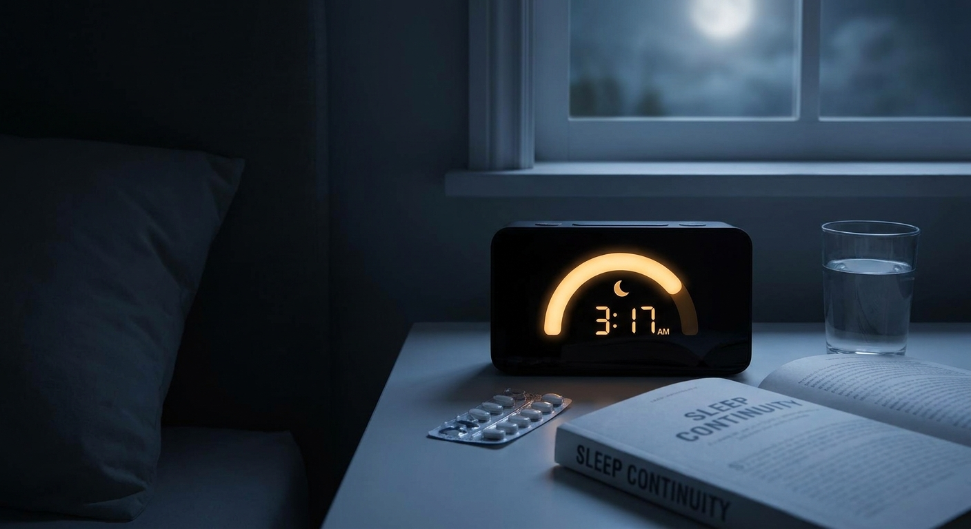 Bedside scene highlighting sleep-maintenance focus: clock, overnight arc, pill blister, crescent moon.