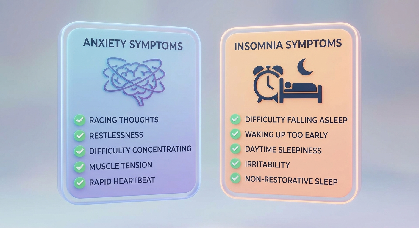 Anxiety vs insomnia symptom cards with brain and bed icons, side-by-side comparison.