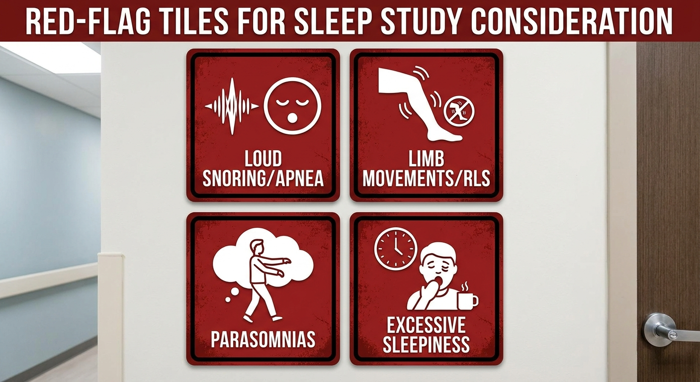 Red flags tiles: loud snoring/apnea, limb movements/RLS, parasomnias, excessive sleepiness