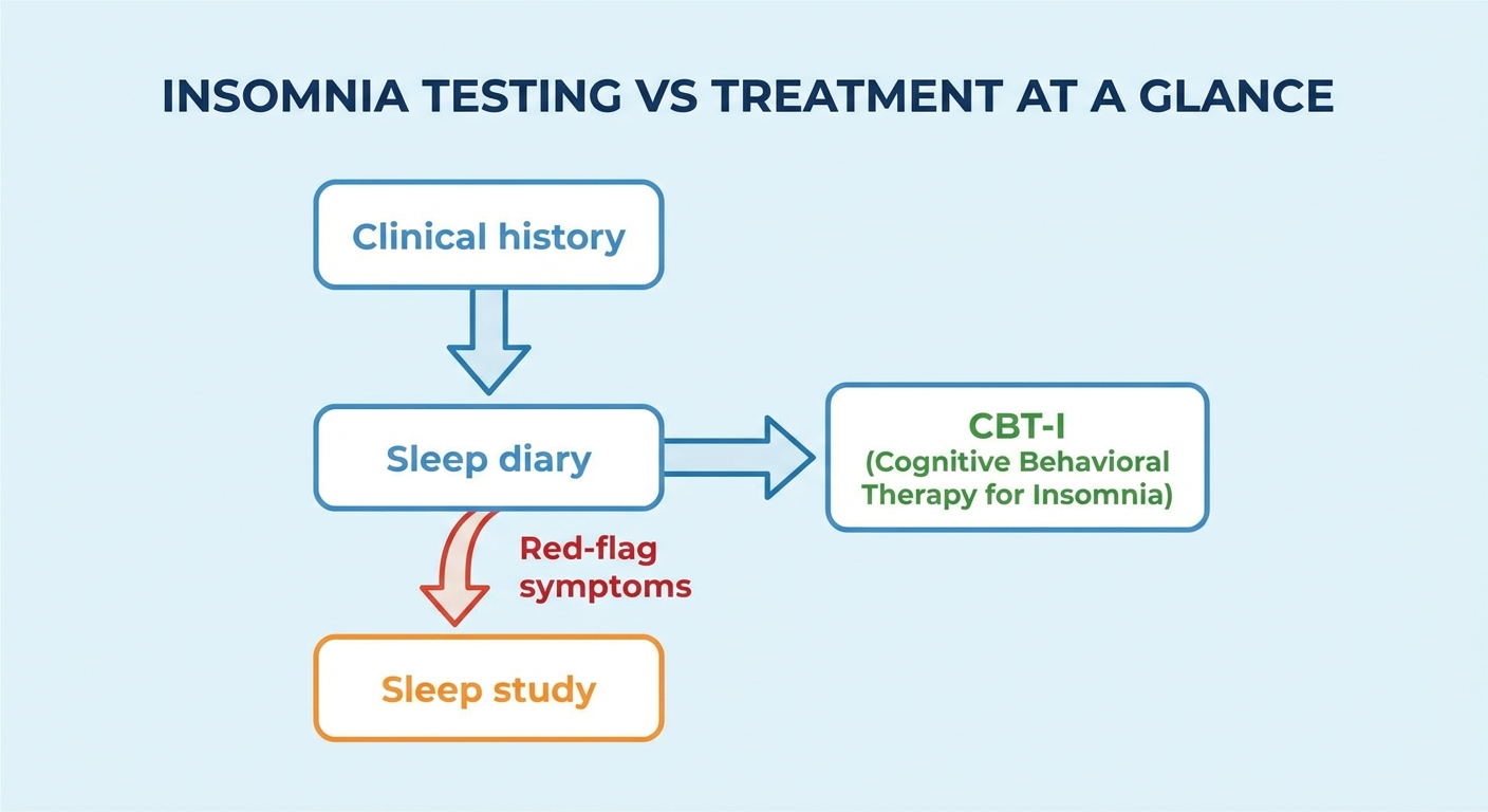 Flow: clinical history and sleep diary to CBT-I, with branch to sleep study for red-flag symptoms
