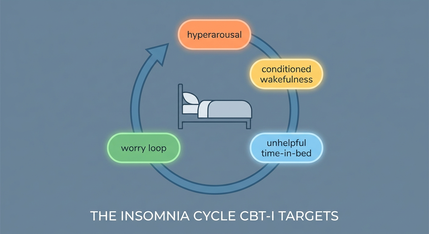 The insomnia cycle targeted by CBT-I: hyperarousal, conditioned wakefulness, unhelpful time-in-bed, and worry loop around a bed with circular arrow