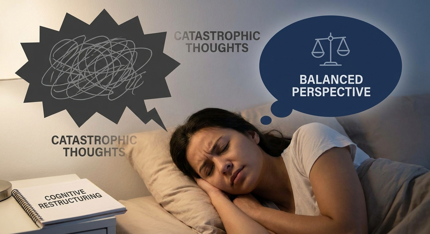 Cognitive restructuring: catastrophic thought bubble fading while a balanced thought with scales appears, person relaxing in bed