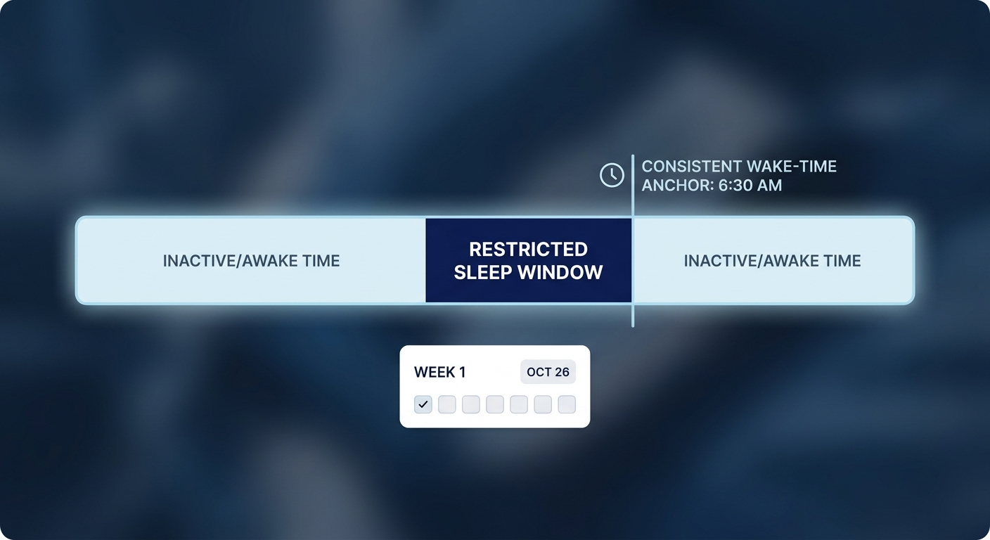 Sleep Restriction Therapy timeline with active sleep window, inactive time, and consistent wake-time anchor
