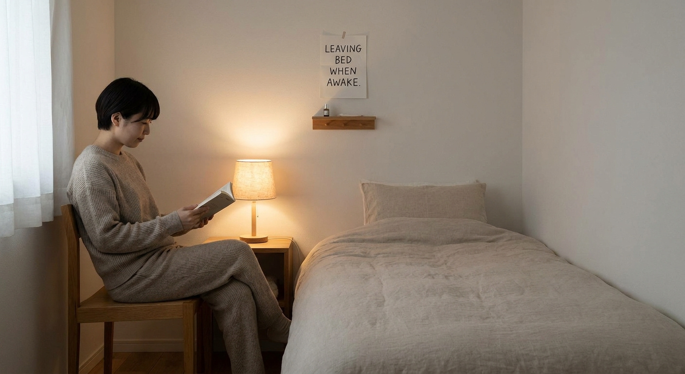 Stimulus control: person sitting calmly beside a neatly made bed near a dim lamp, ready to leave bed when awake