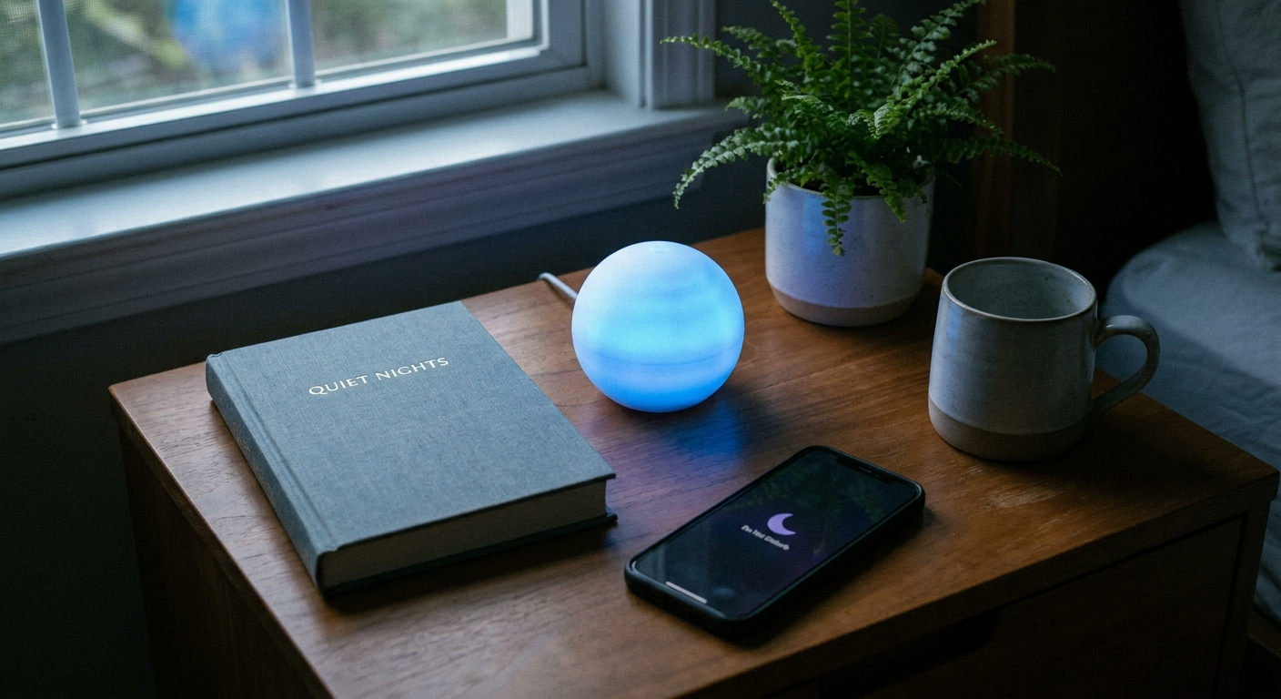 Relaxation vignette: closed book, breathing metronome orb, and phone face-down on nightstand under soft light