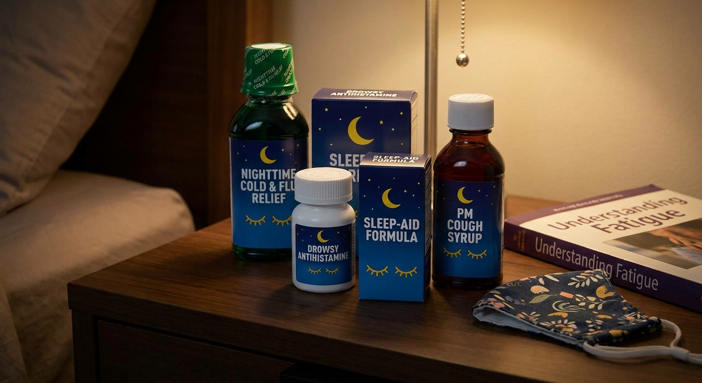 OTCs that worsen fatigue; drowsy antihistamine and cold syrup with nighttime cues