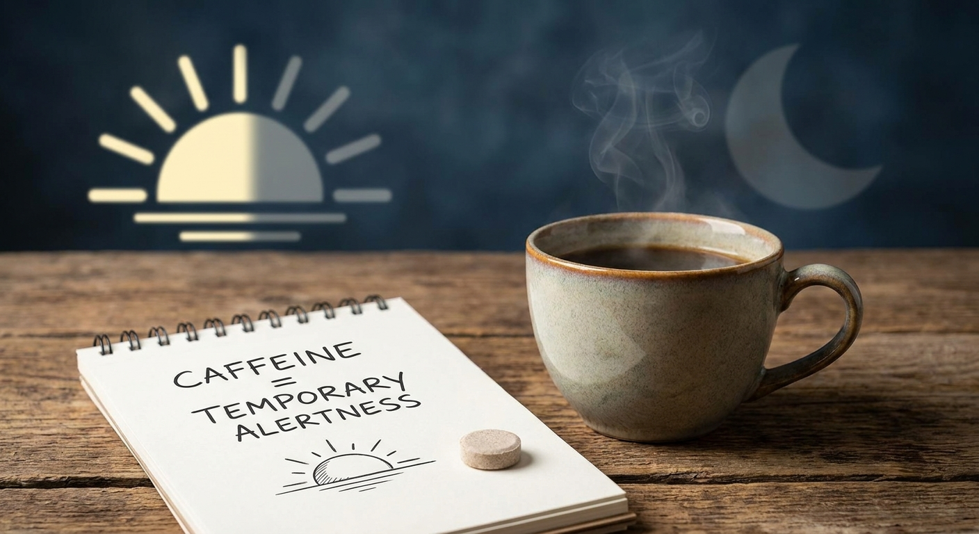 Caffeine = temporary alertness; coffee cup and caffeine tablet with sunrise icon and faded moon