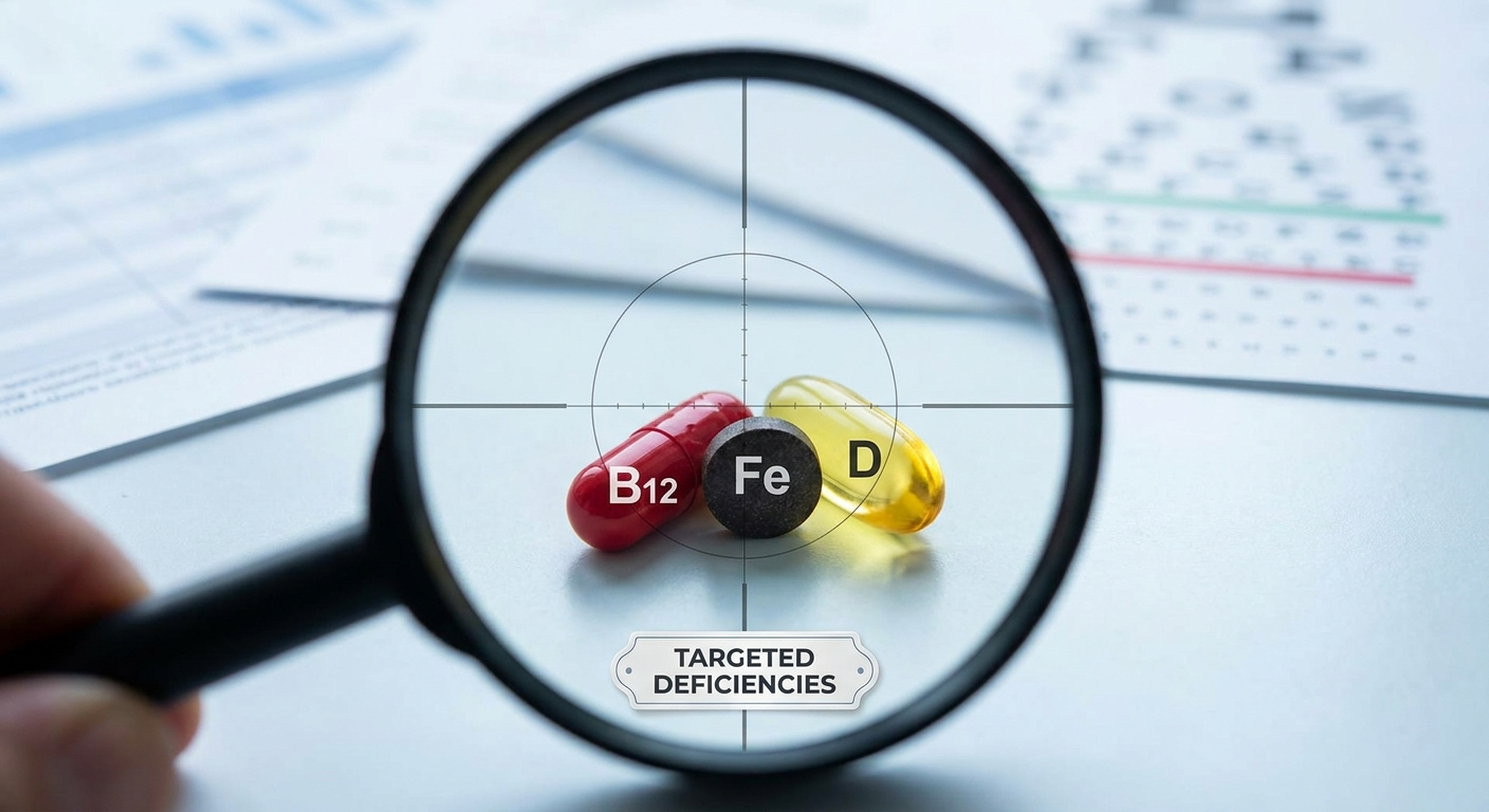Targeted deficiencies; B12, iron, and vitamin D pills under a magnifying glass