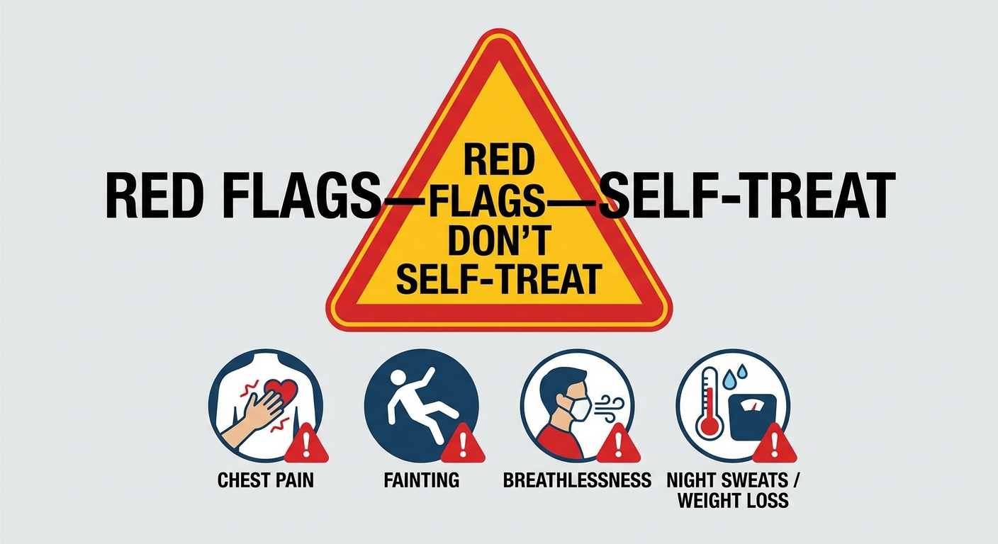Red flags—warning triangle with icons for chest pain, fainting, breathlessness, night sweats/weight loss