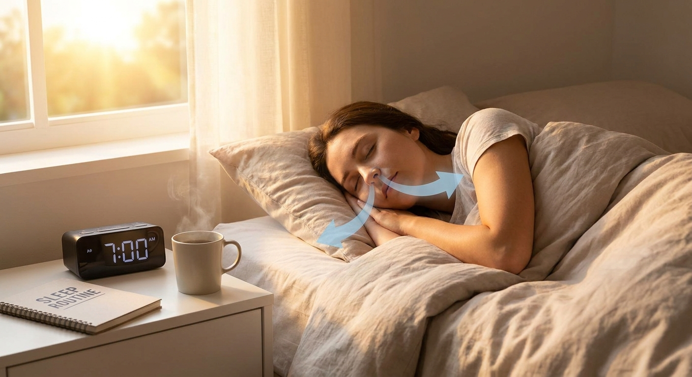Sleep and airflow matter; sleeping figure with nasal airflow arrows, morning light, consistent wake-time clock