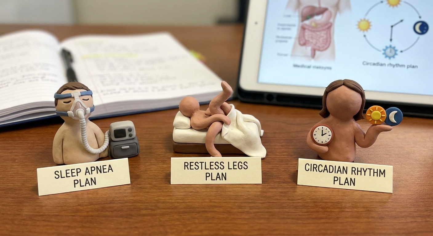 Look-alikes needing different plans: mini-sculptures for sleep apnea, restless legs, and circadian rhythm issues.