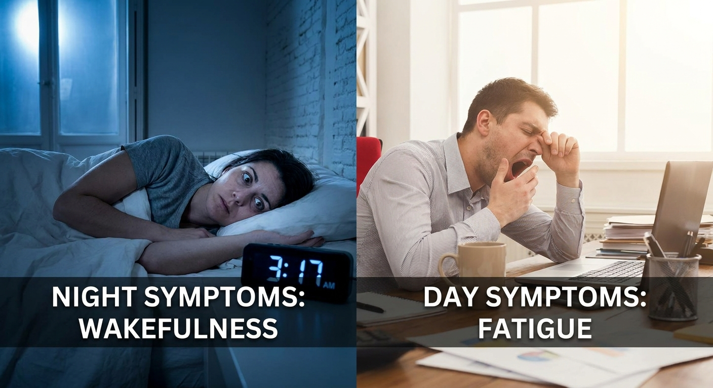 Night versus day symptoms: awake-in-bed at night and tired at a daytime desk.