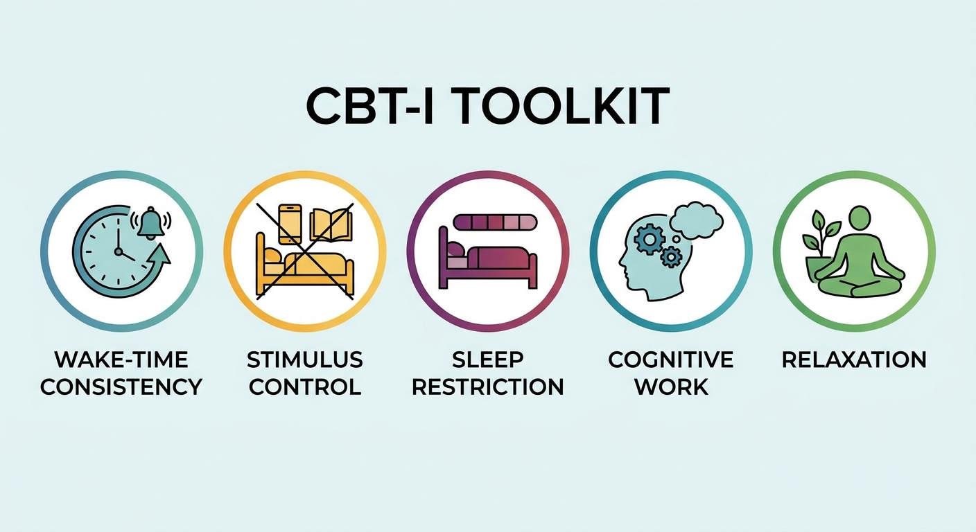 CBT-I toolkit: icons for wake-time consistency, stimulus control, sleep restriction, cognitive work, and relaxation.