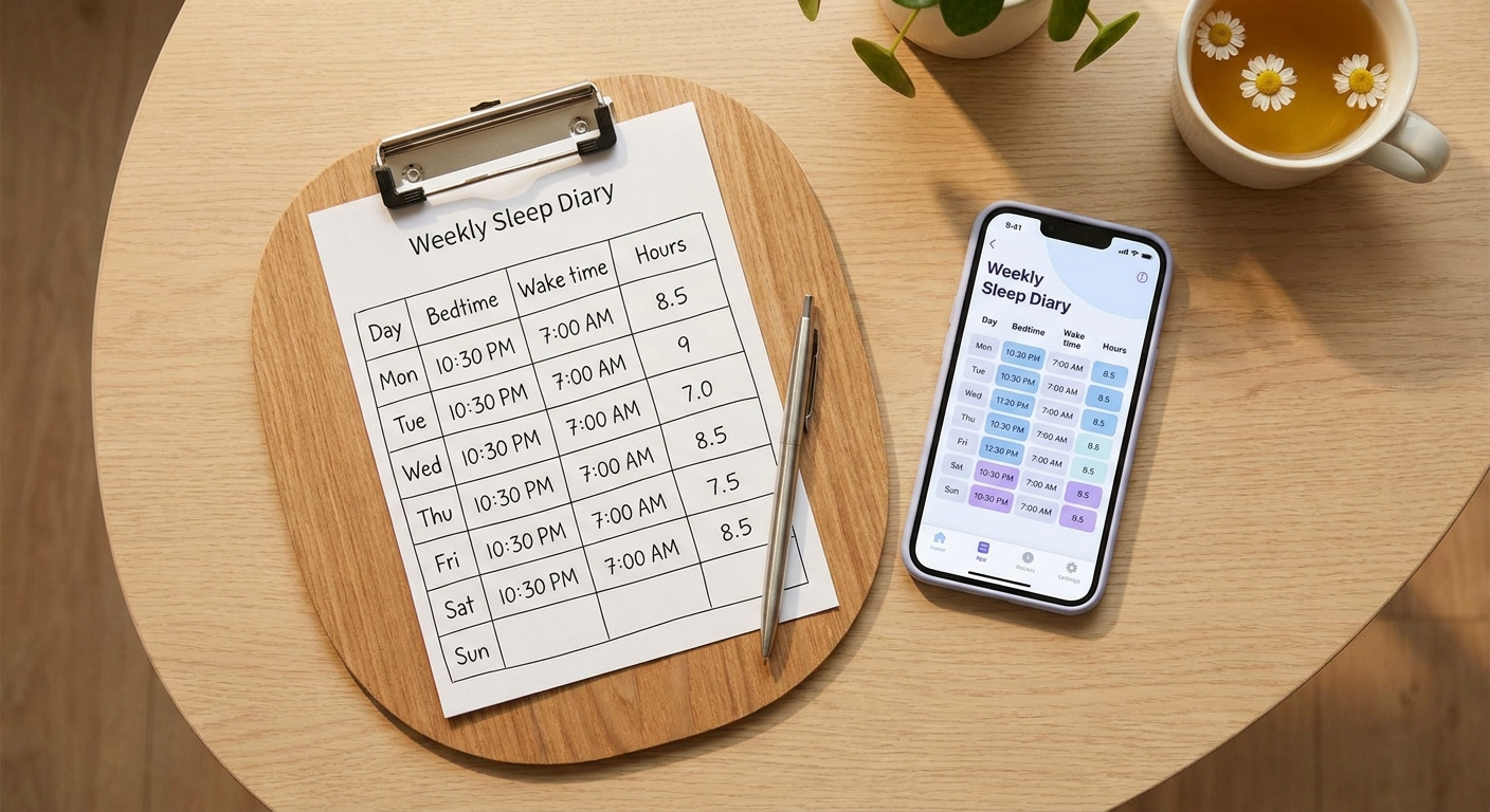 Sleep diary made simple: weekly sleep grid on a clipboard and a matching smartphone view.