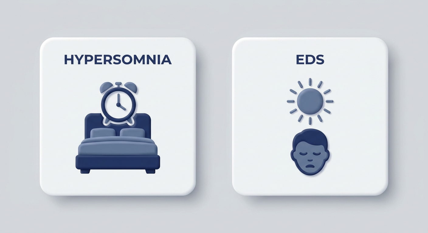 Hypersomnia vs EDS comparison tiles with bed, clock, sun, and sleepy head icons