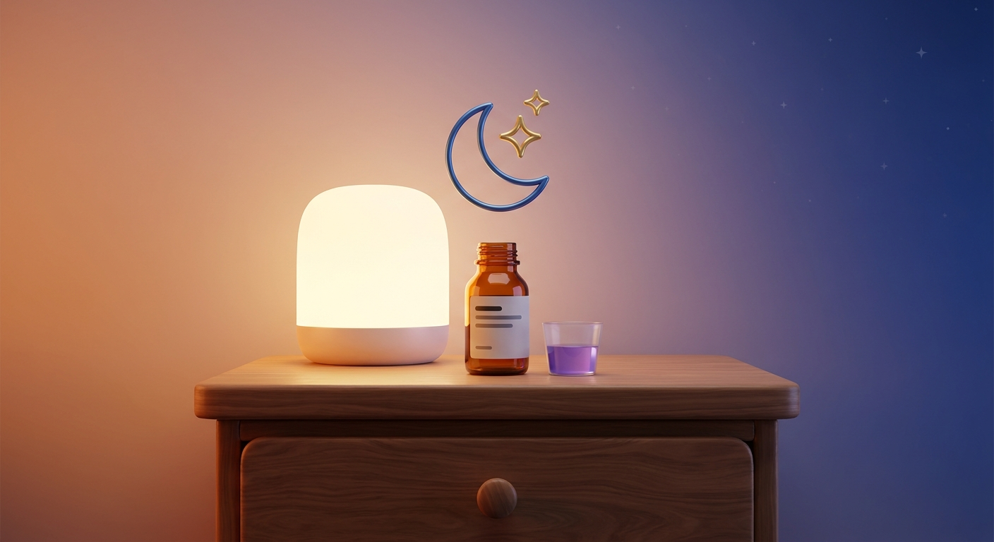 Nighttime IH medication on nightstand with moon icon, minimal 3D