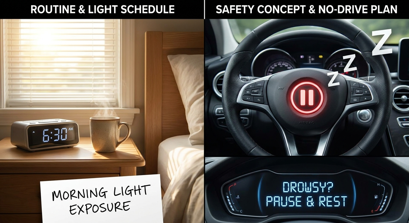 Routine and safety: morning schedule and no-drive plan icons