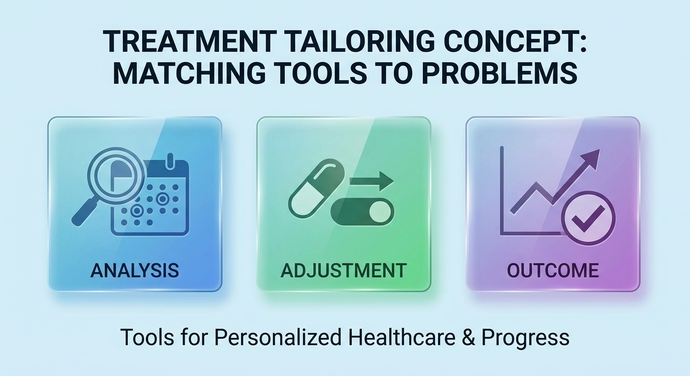 Three tiles illustrating matching tools to problems: calendar, pill with toggle, and checkmark over graph
