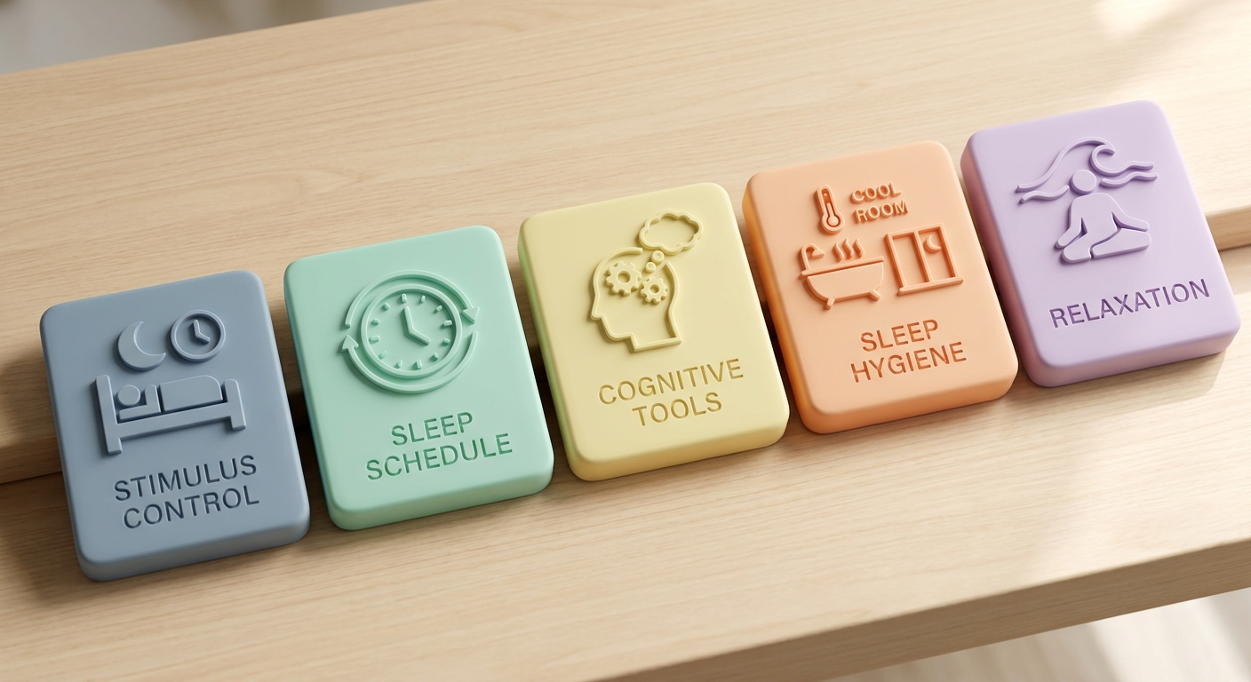 Five tiles showing core CBT-I components: Stimulus Control, Sleep Schedule, Cognitive Tools, Sleep Hygiene, Relaxation