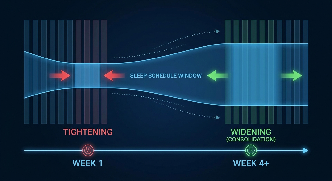 Sleep schedule window tightening in week 1 and widening by week 4+ as sleep consolidates