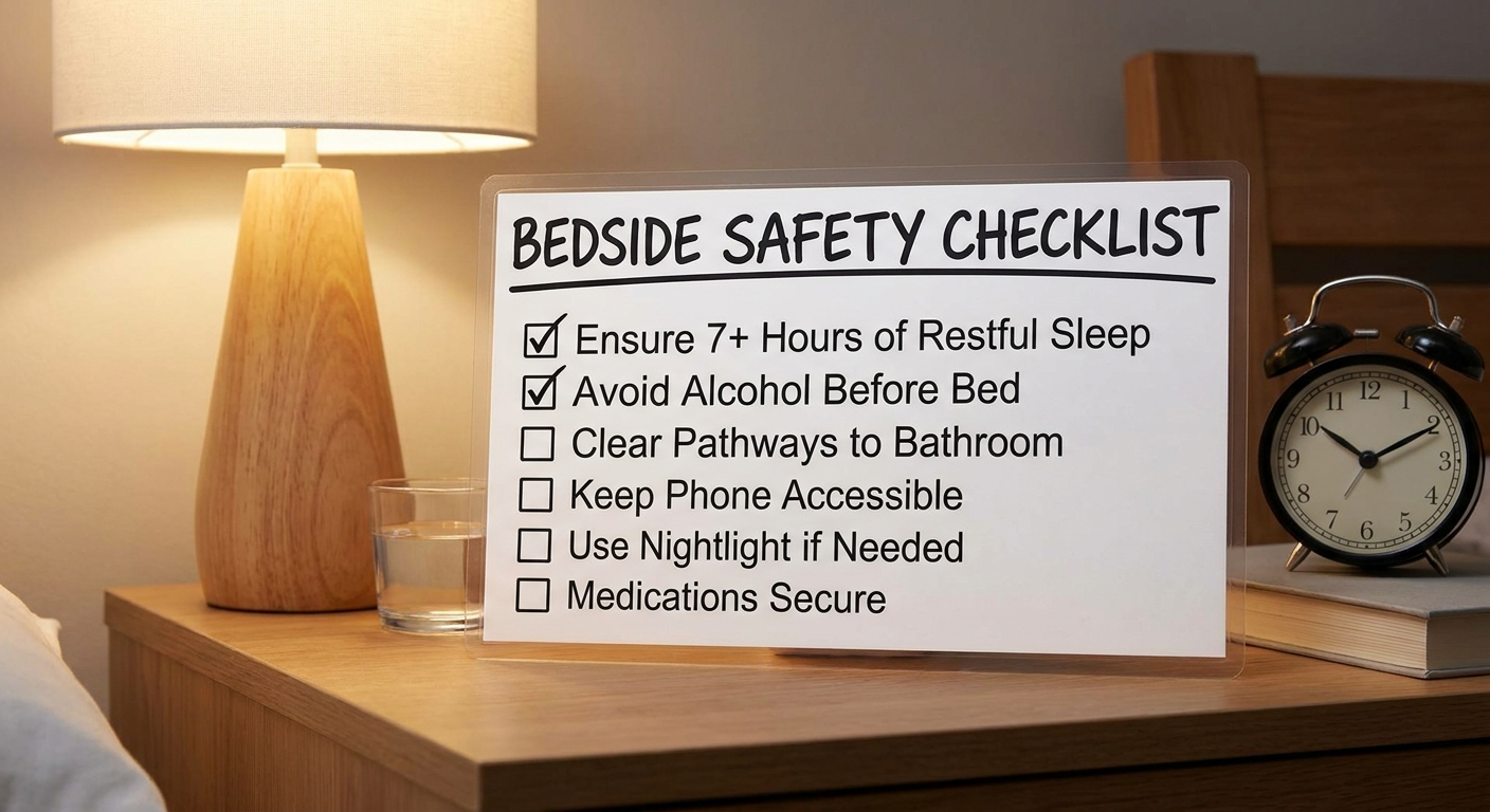 Bedside safety checklist: 7+ hours available, no alcohol, plan ahead