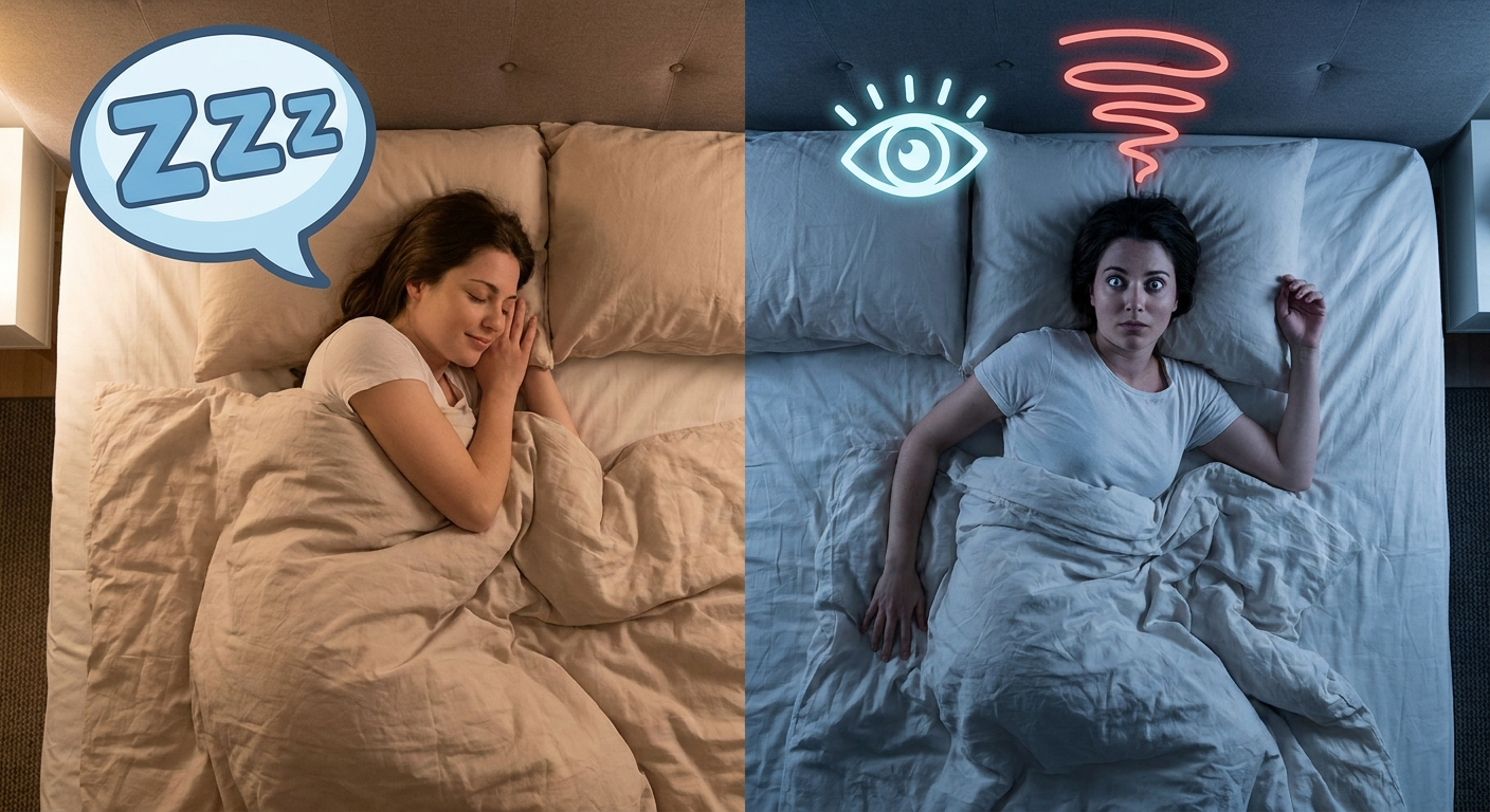 Drowsiness vs paradoxical sleeplessness split bed illustration