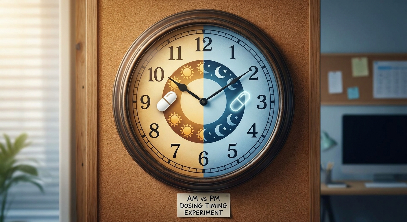 AM vs PM dosing timing experiment with clock, sun and moon