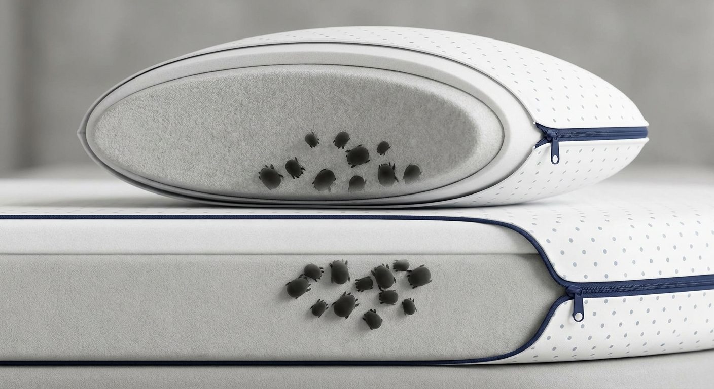 Cutaway of pillow and mattress showing allergen-proof encasement and trapped mites
