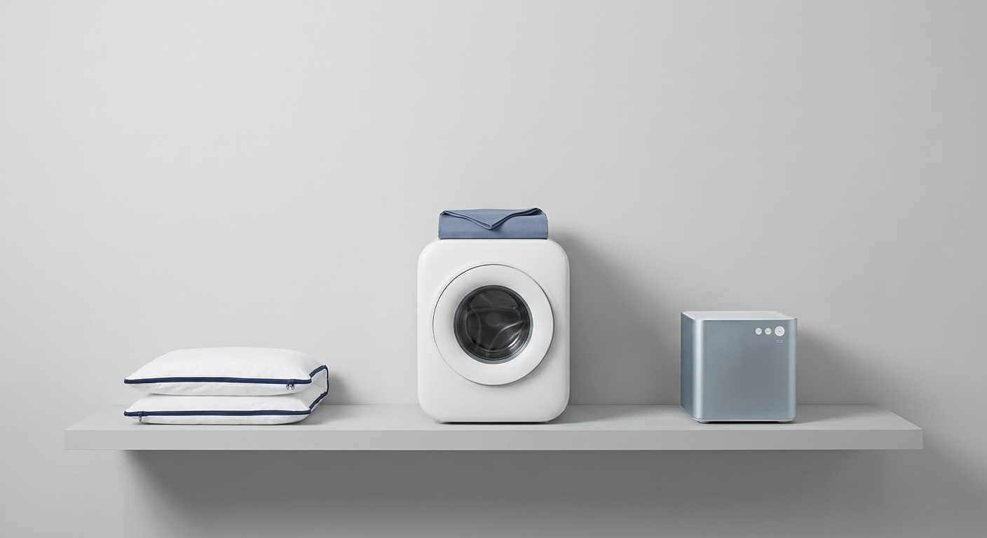Bedroom fixes: pillow encasement, washing machine with sheet, and compact HEPA filter