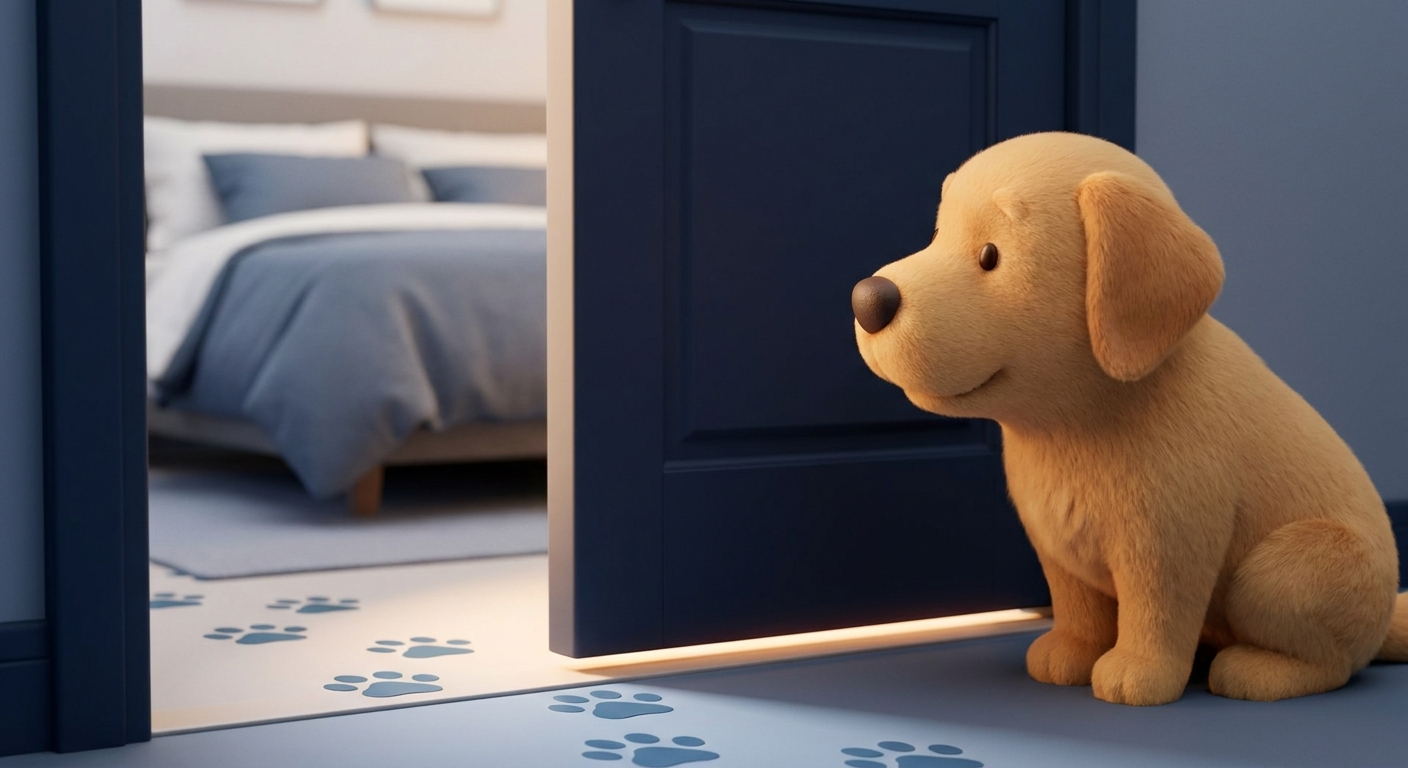 Friendly pet sitting outside a closed bedroom door with bed visible beyond
