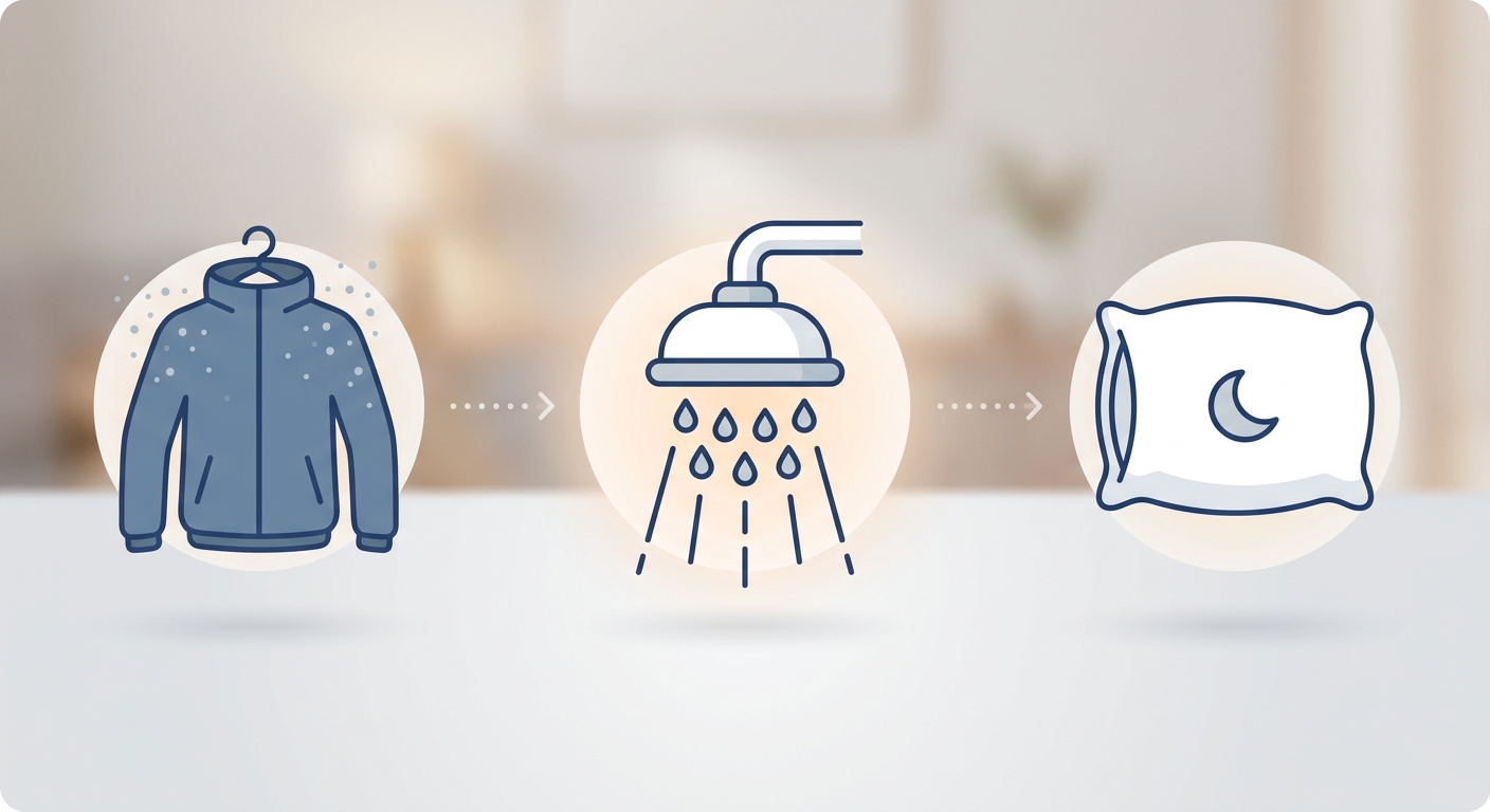 Night routine flow: outdoor jacket with pollen, shower, and clean pillow