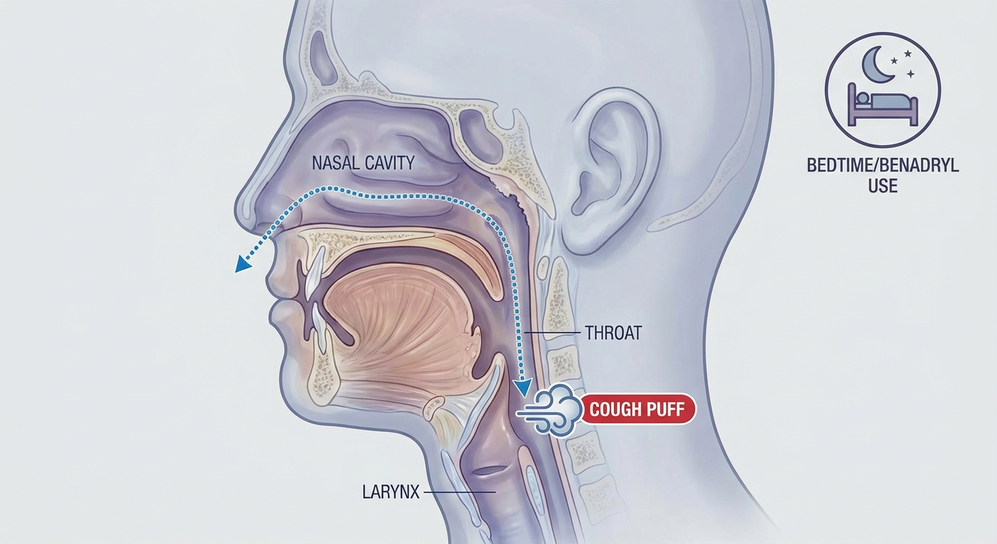 Post-nasal drip pathway: nose-to-throat drip ending in cough, with bed/moon icon