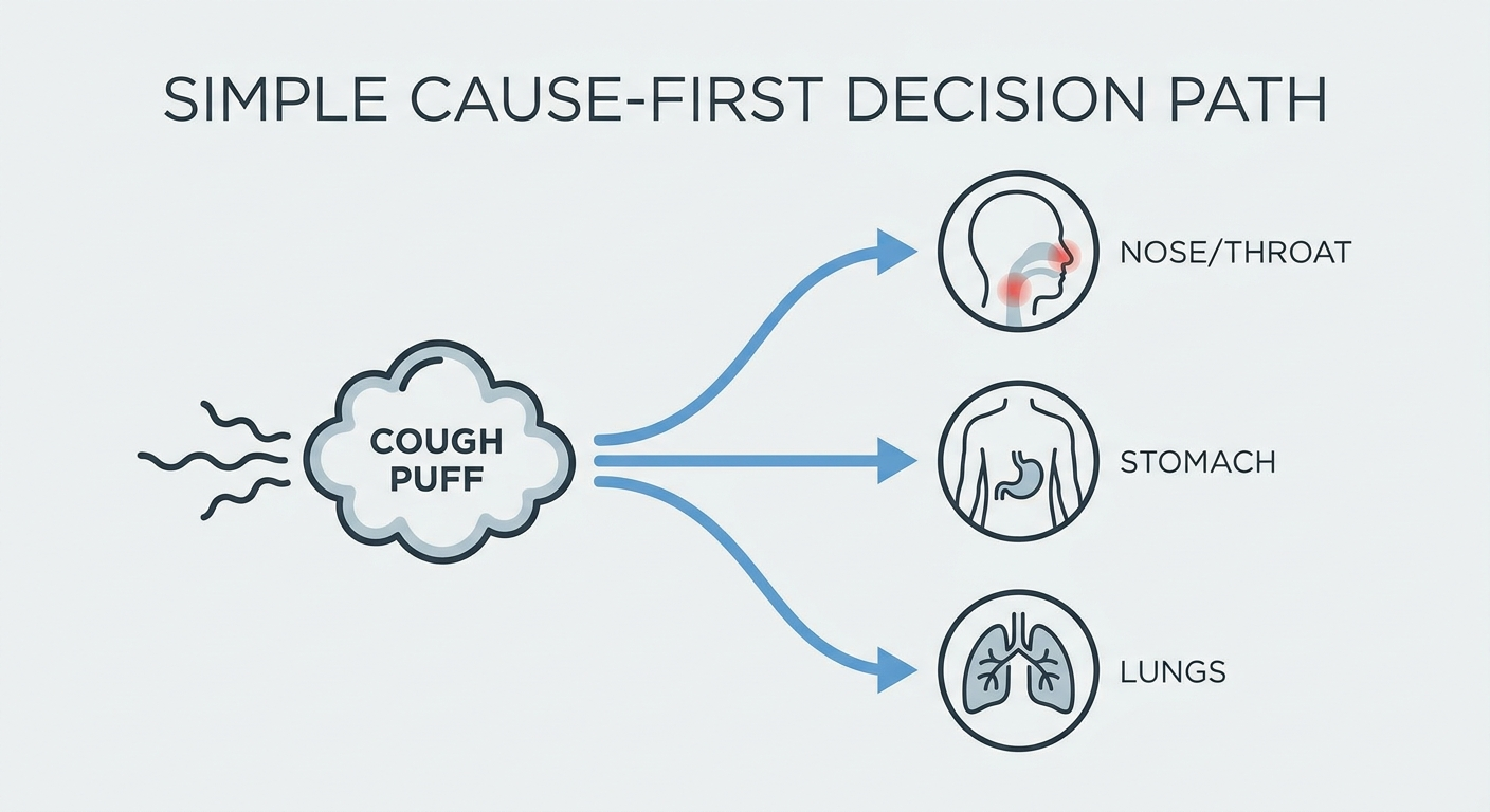 Cause-first decision path: cough branching to nose/throat, stomach, and lungs icons