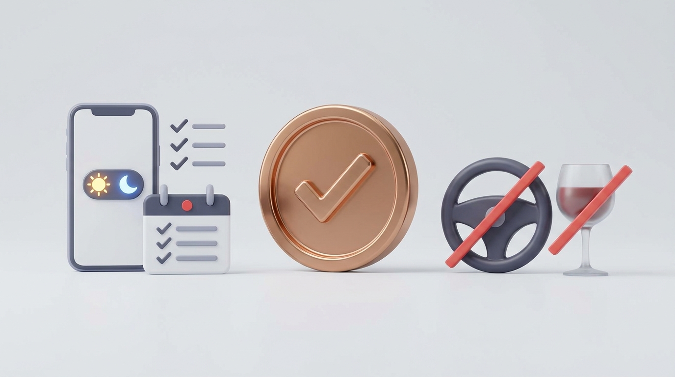 Safety and timing checklist: phone with sun/moon toggle, calendar, no driving/drinking icons, clean minimal 3D 16:9