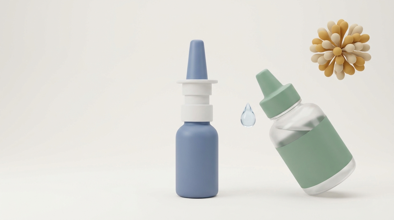 Non-antihistamine relief: nasal steroid spray and saline bottle with droplet, soft matte 3D 16:9
