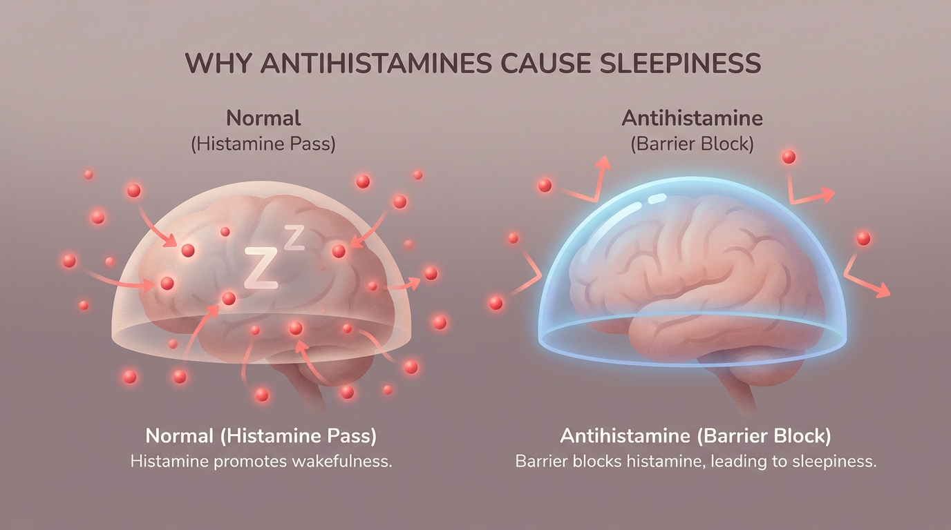 Why antihistamines can cause sleepiness: histamine passing vs blocked in brain domes, soft matte 16:9