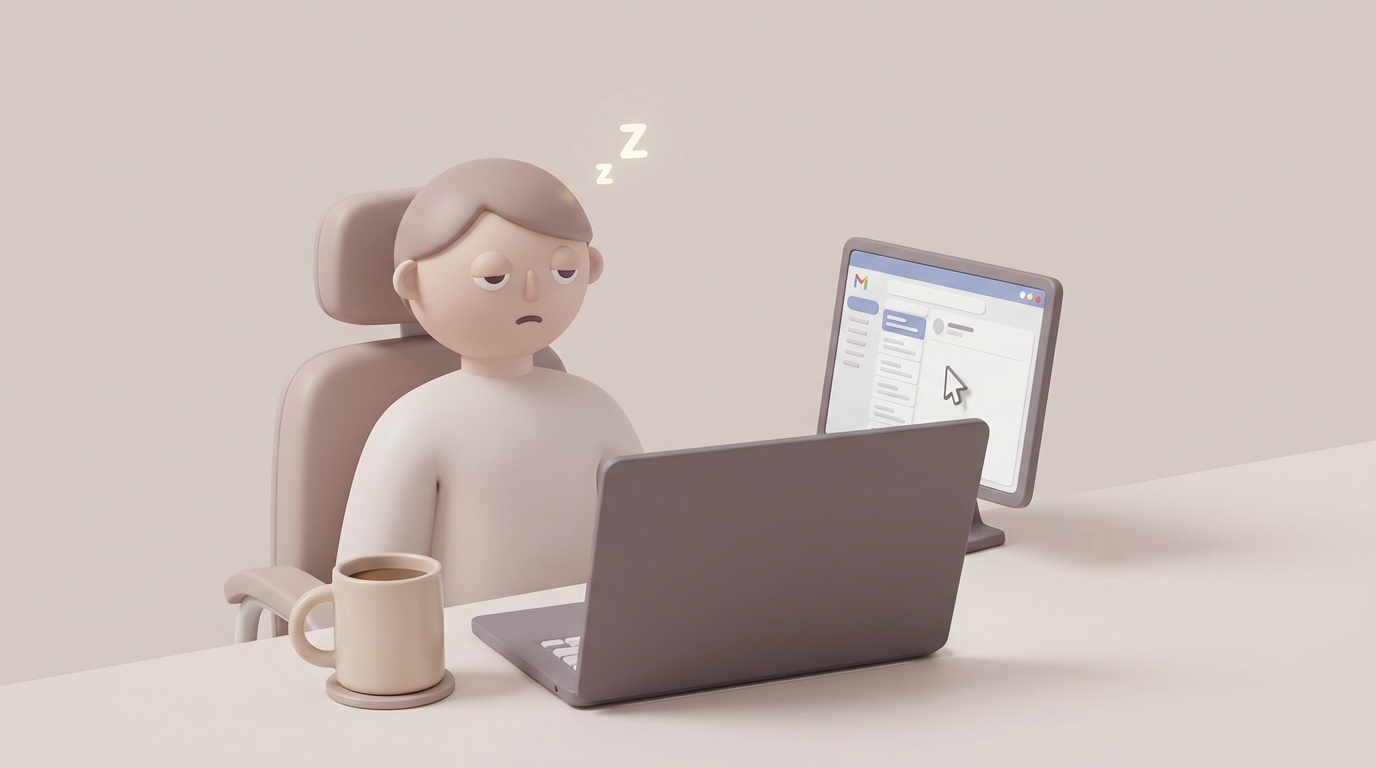 Subtle sedation signs at work: drooped eyelids at laptop, tiny Z, untouched coffee, minimal 3D 16:9