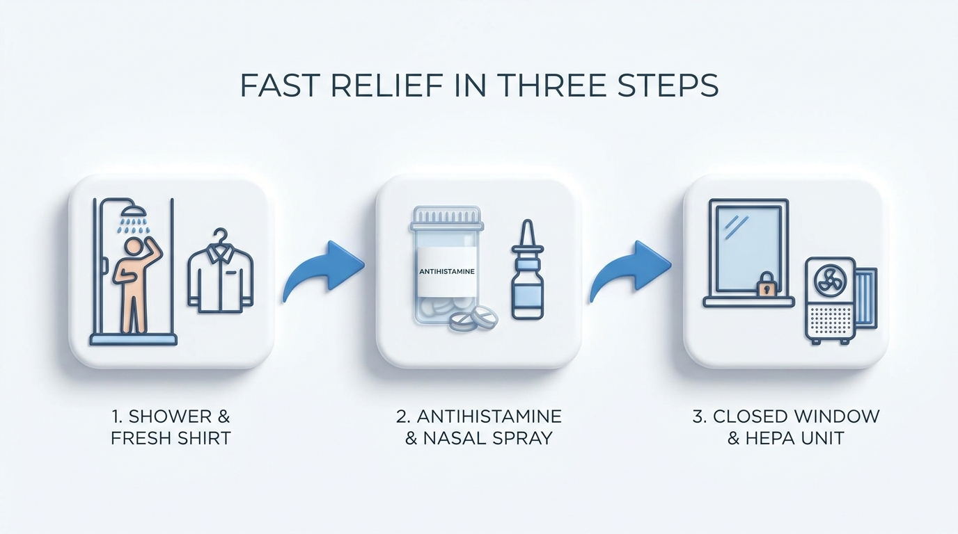 Fast relief steps: shower and change, meds and spray, close windows with HEPA