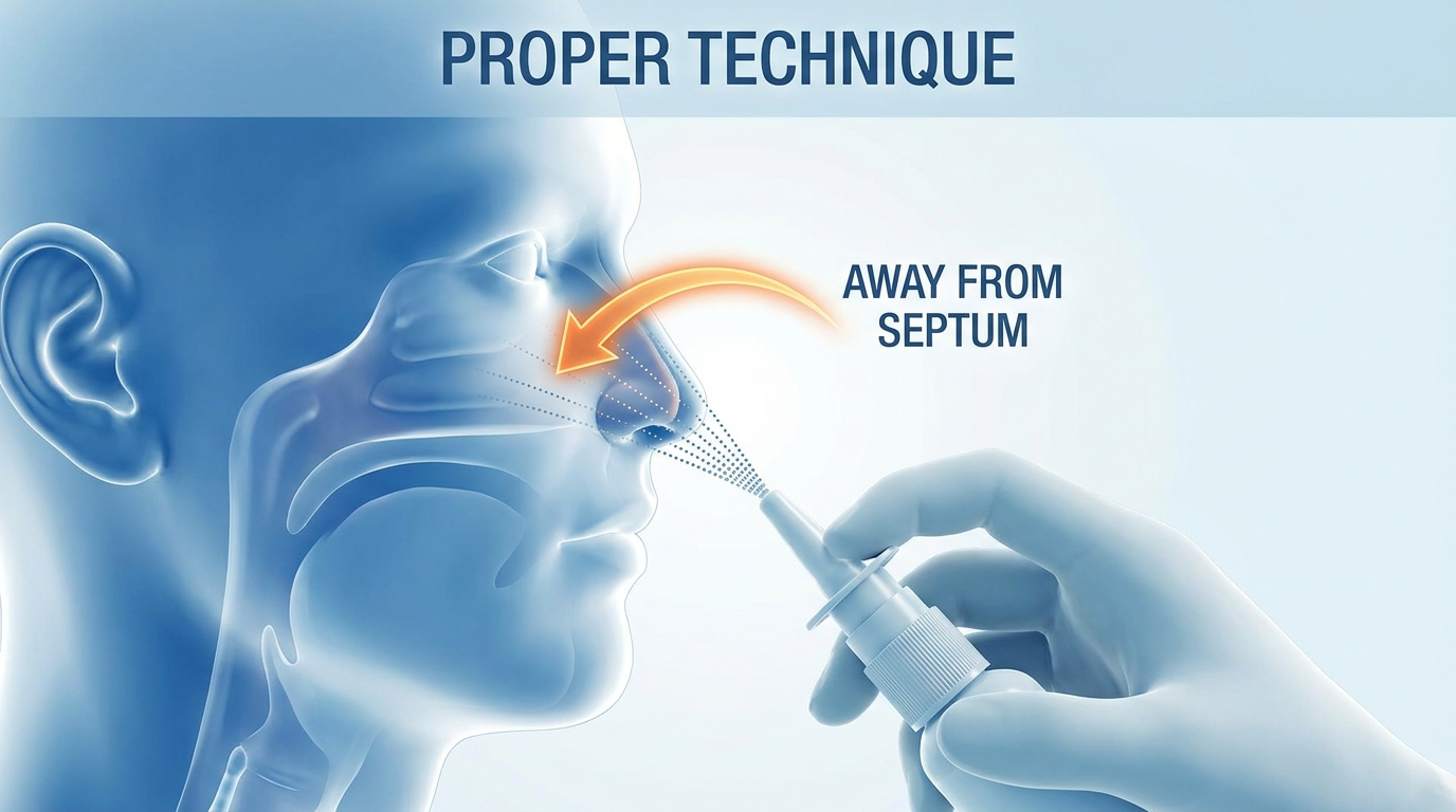 Proper nasal spray technique: angle away from septum, gentle mist