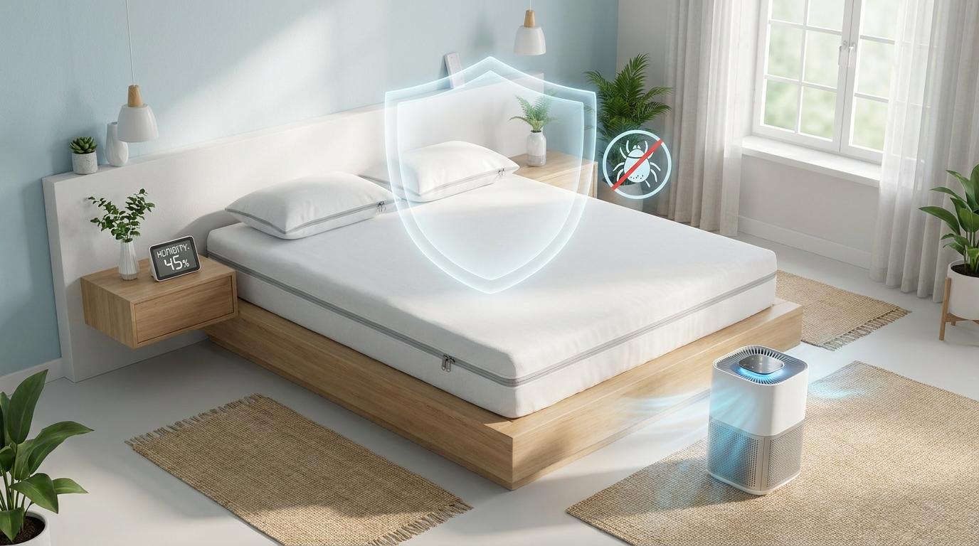 Bedroom allergy-proofing: encasements, 45% humidity, air purifier