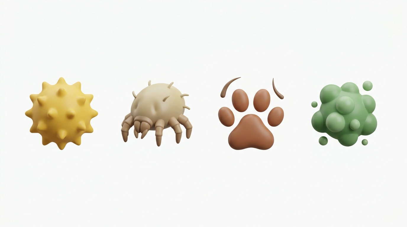 Icons of common allergy triggers: pollen, dust mite, pet dander, mold