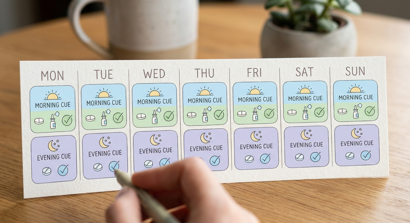Consistency calendar showing a simple 7-day routine for pills and sprays