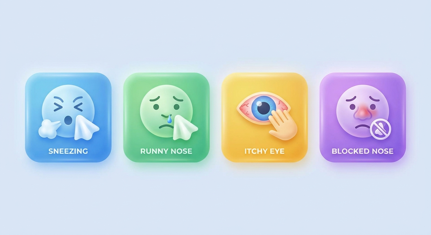 Core allergy symptoms: sneezing, runny nose, itchy eye, blocked nose