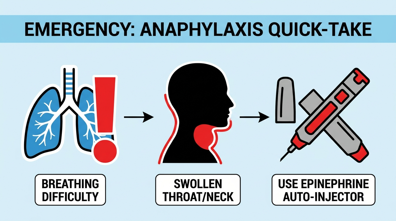 Emergency signs of anaphylaxis: airway/breathing alert, throat swelling, and epinephrine auto-injector icons