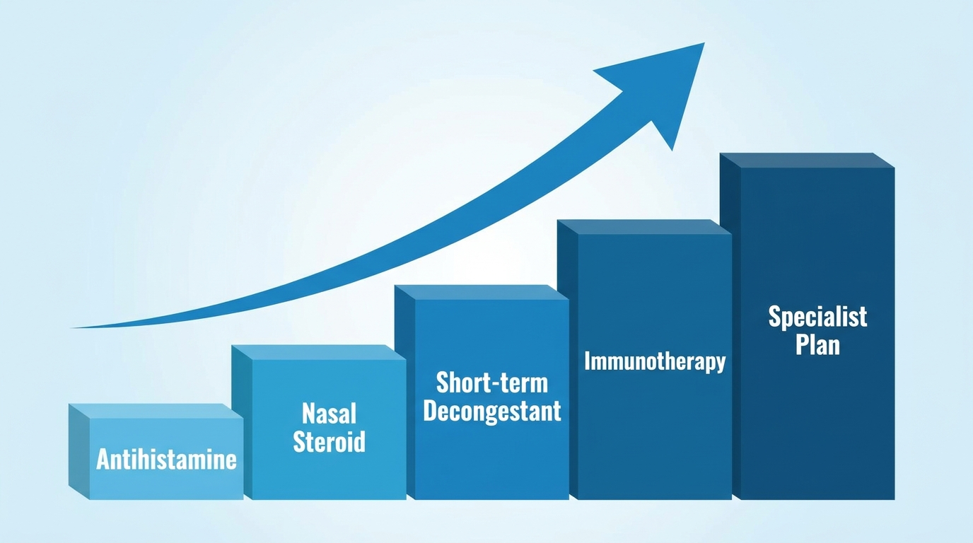 Stepwise relief plan: Antihistamine, Nasal Steroid, Short-term Decongestant, Immunotherapy, Specialist Plan