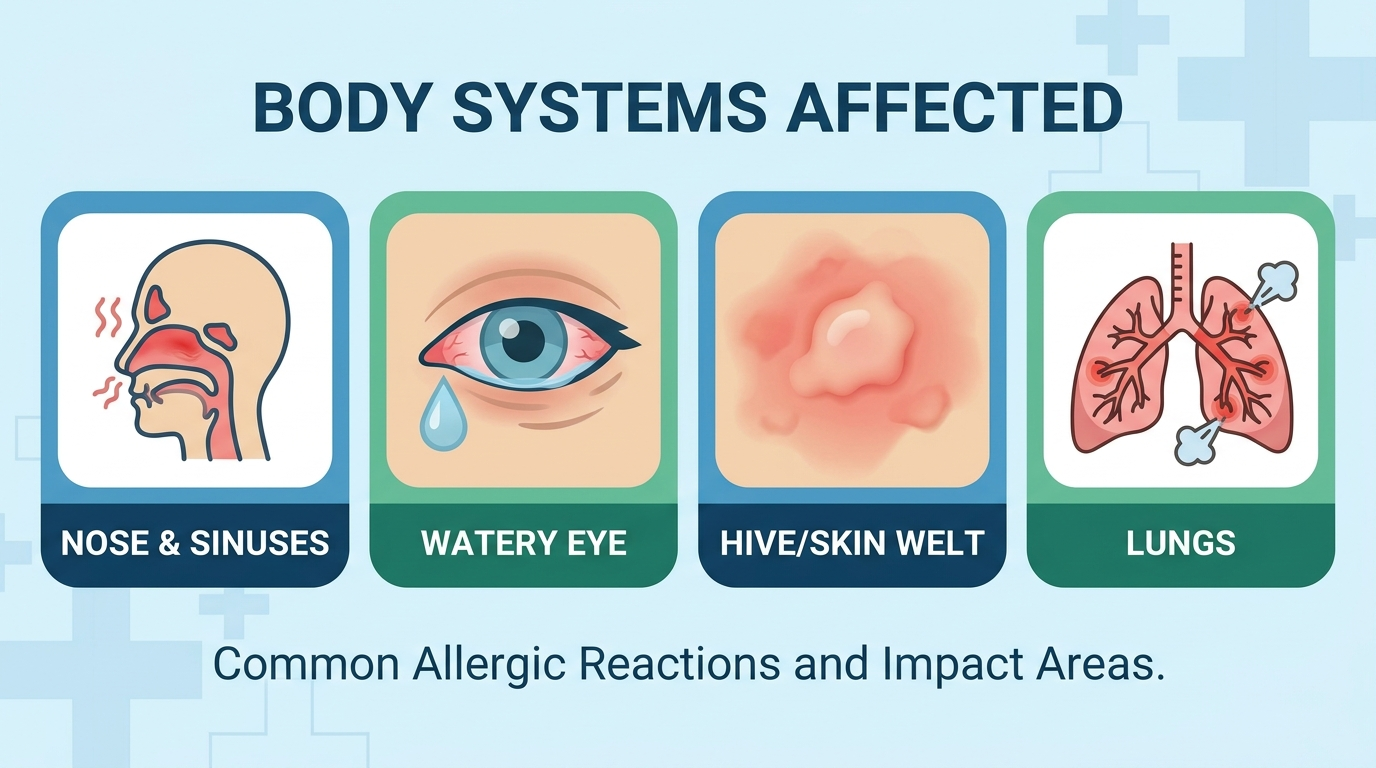 Body systems affected by allergies: nose and sinuses, watery eyes, hives on skin, and lungs