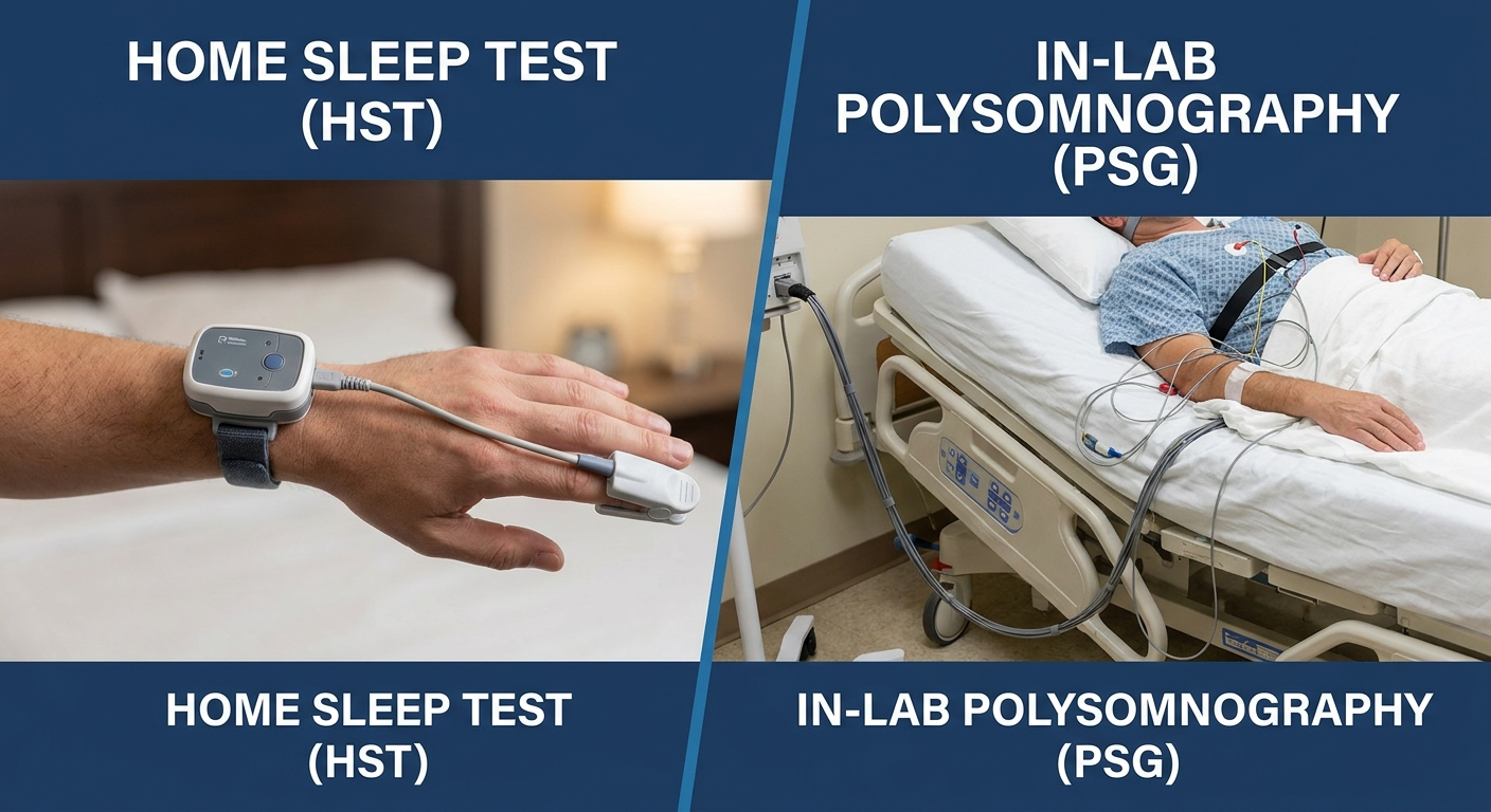 Testing options: home sleep test unit on left and in-lab PSG bed on right